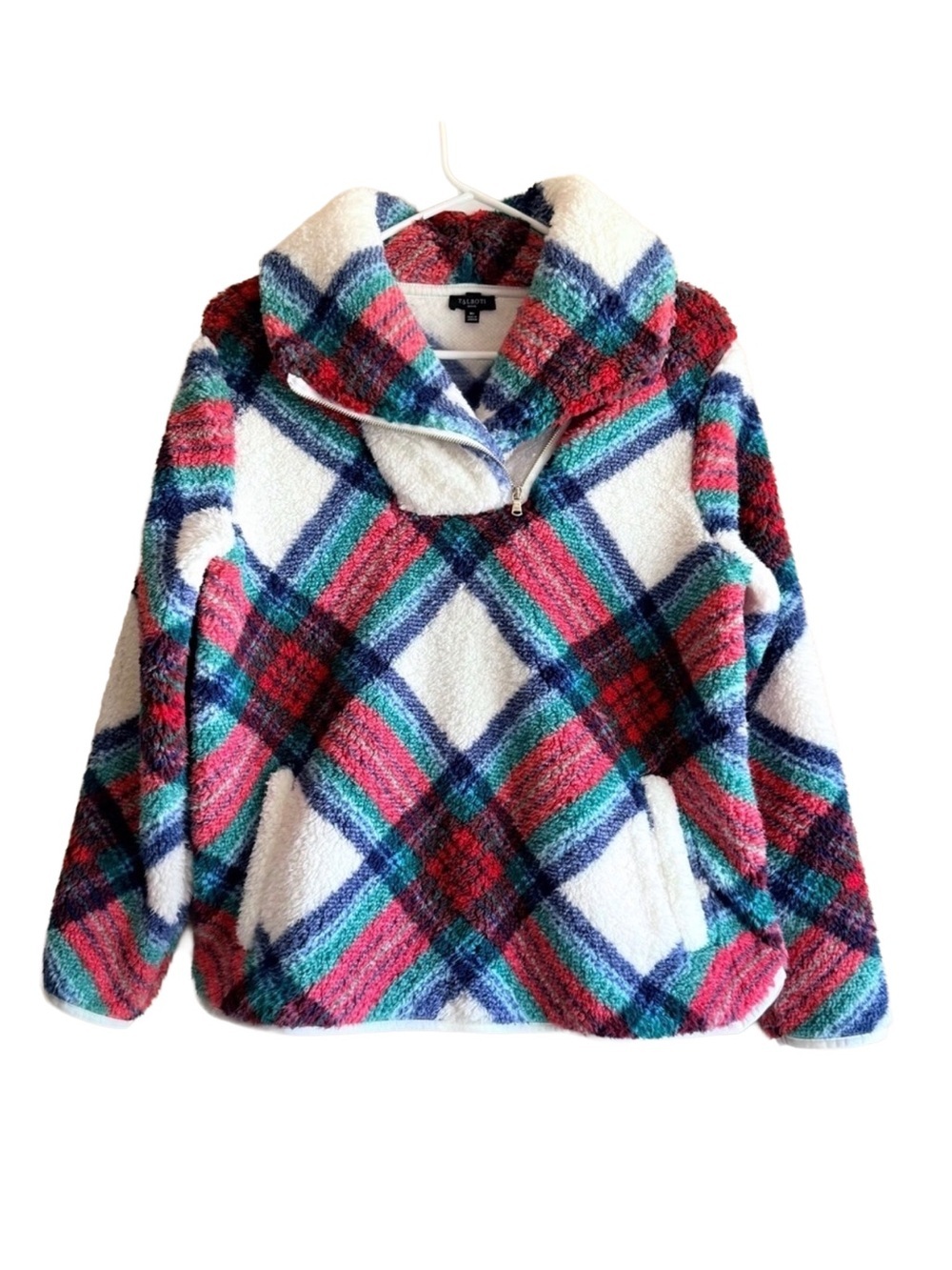 Talbots Ultra Plush Sherpa Fleece Top Zip Blue Green Plaid Women’s Med Petite